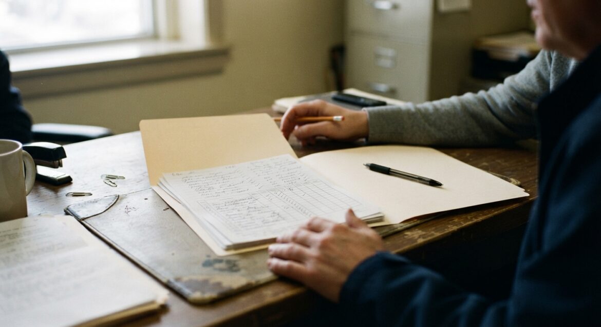 A folder of job search logs and timesheets on a caseworker's desk during an interview