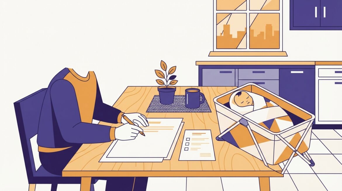 A parent at a kitchen table filling out a benefits change-of-household form with a birth certificate and a sleeping newborn nearby