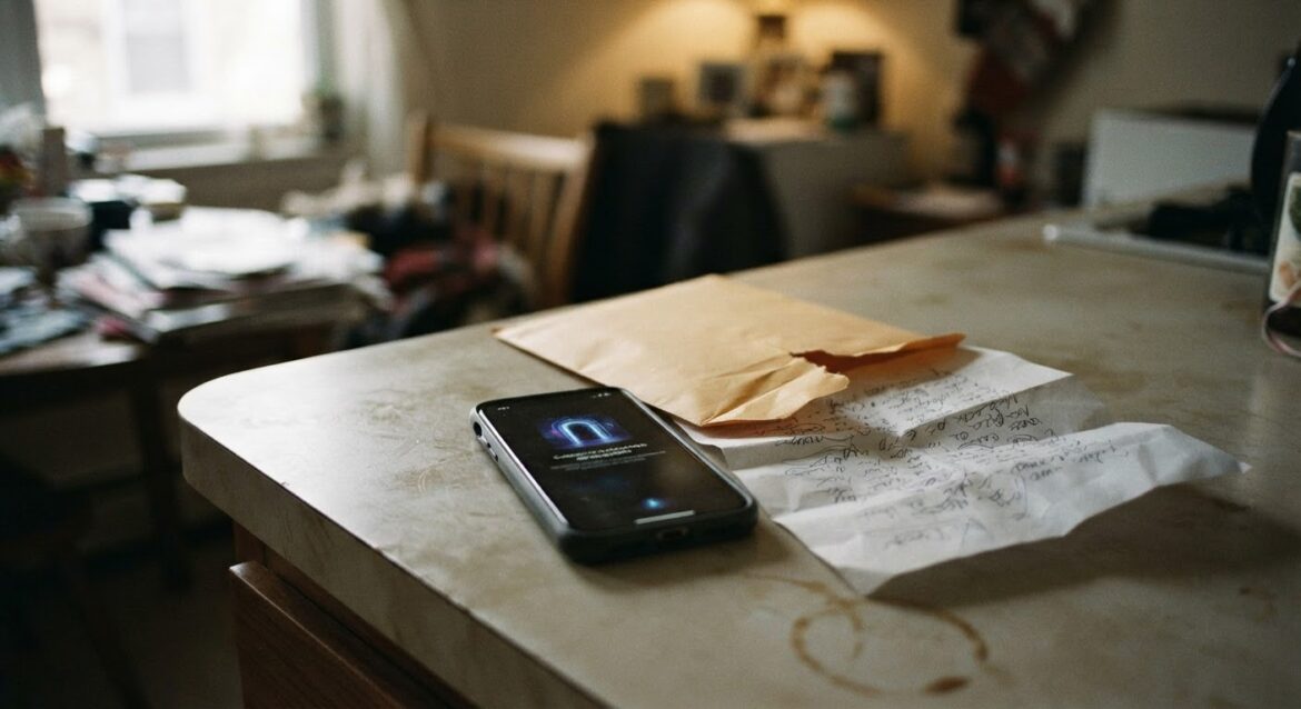 A smartphone showing a portal notification next to an opened paper envelope with a letter