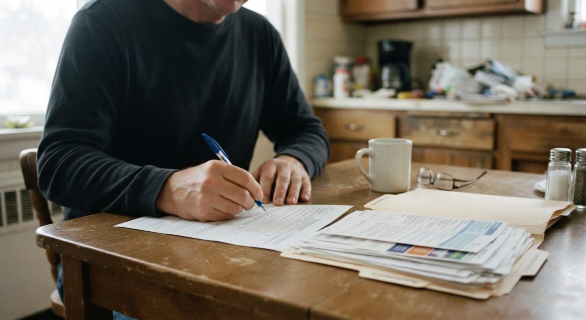 A person signing an authorized representative form at a kitchen table with a folder of benefits paperwork nearby