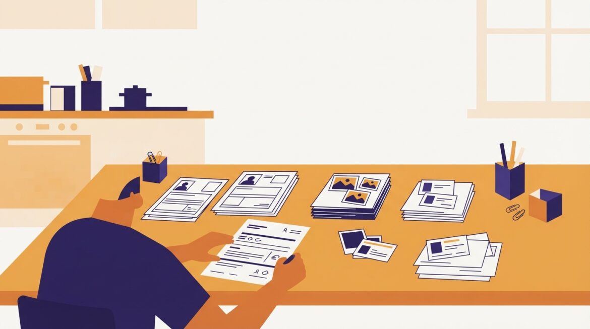 A person at a kitchen table sorting family photos and ID documents into labeled piles while filling out a benefits application form