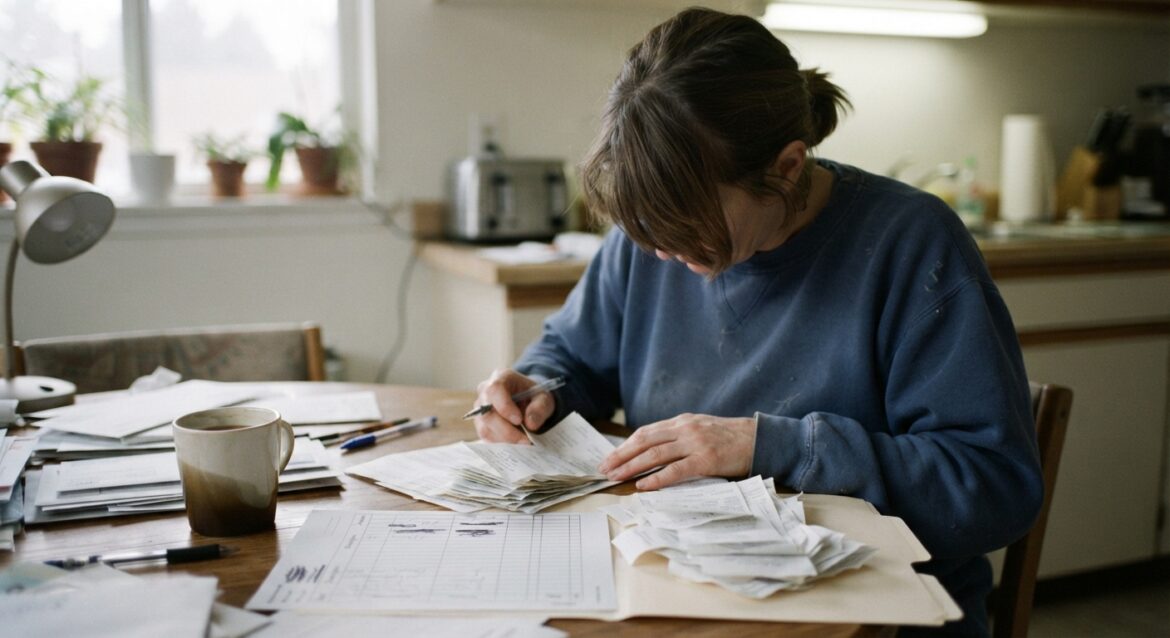 A person organizing a folder of receipts and a payee accounting form at a kitchen table