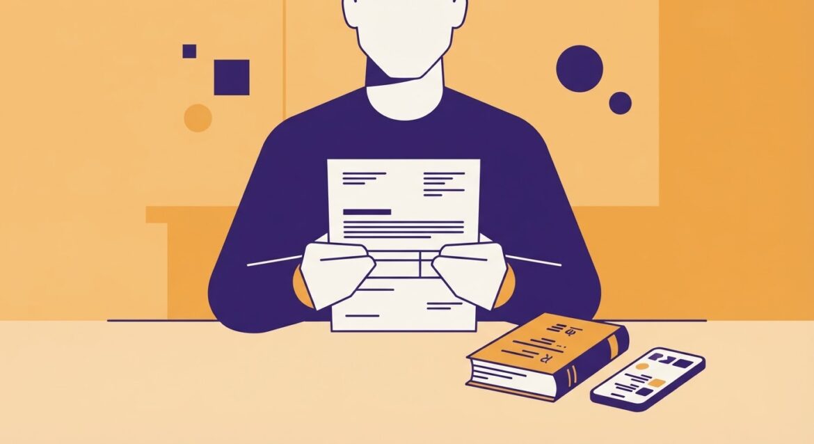 A person holding an official benefits notice next to a translation dictionary and phone