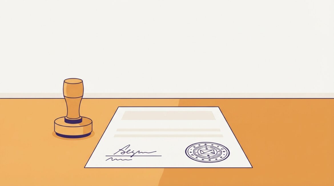 A notary stamp and seal next to a signed document on a desk