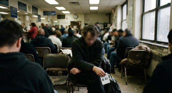 A person sitting in a crowded government office waiting room holding a numbered ticket
