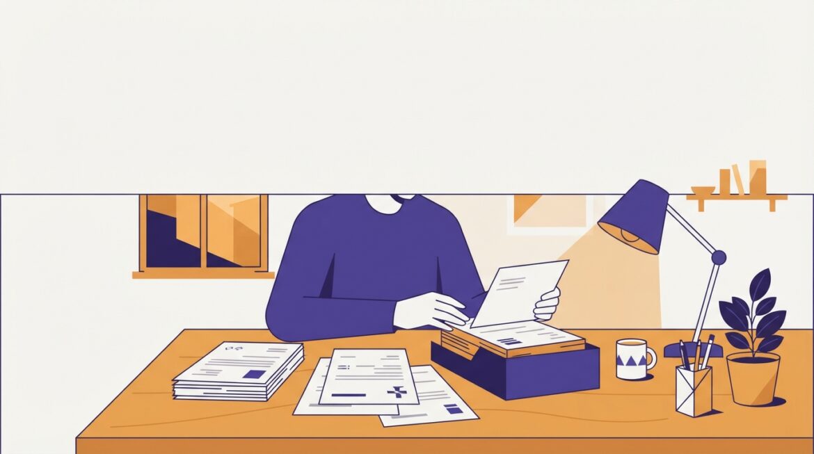 A person organizing medical paperwork and a government review form at a kitchen table