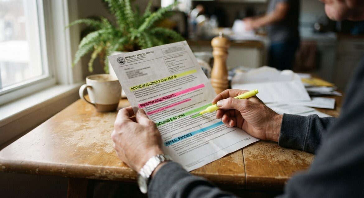 A multi-section government notice letter with different colored highlighter marks separating program sections