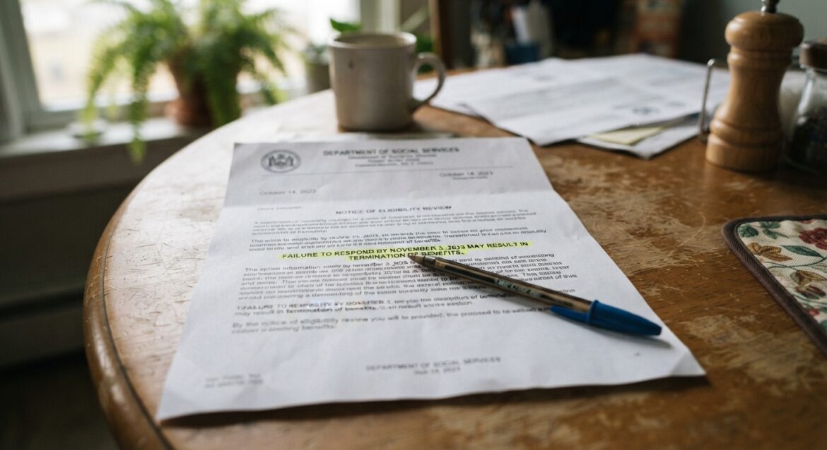 a close-up of an official government notice letter with a highlighted section and a pen resting on it