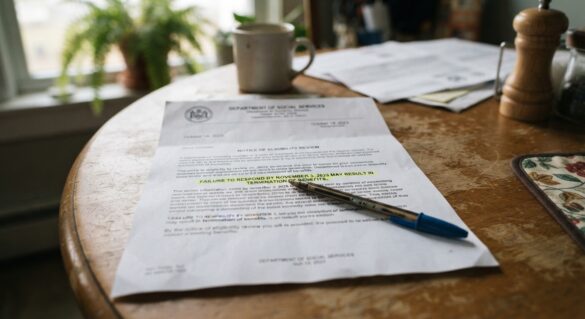 a close-up of an official government notice letter with a highlighted section and a pen resting on it