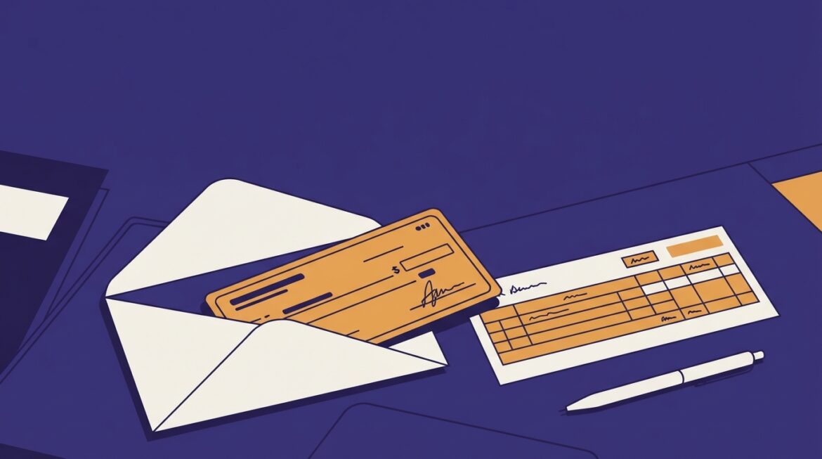 An open envelope with a settlement check and a bank deposit slip on a desk