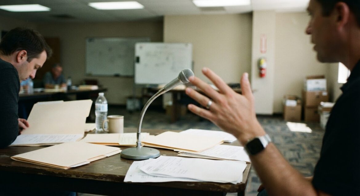 a hearing room table with a microphone, case files, and a hand raised mid-speech