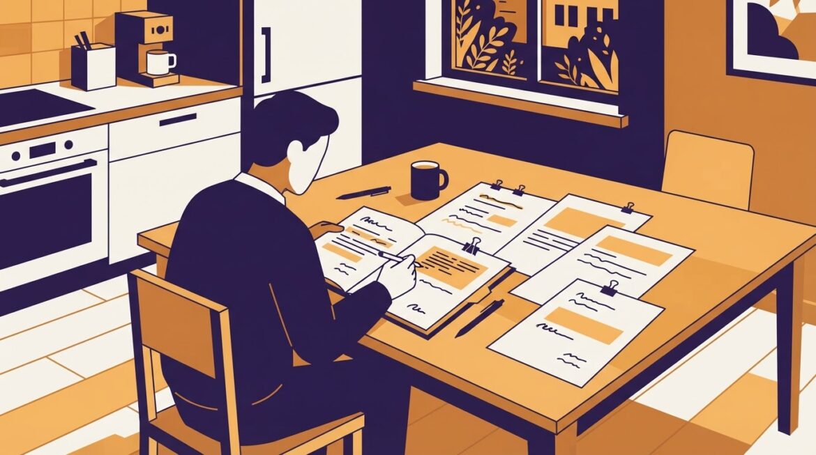 A person reviewing a printed case file with highlighted notes at a kitchen table