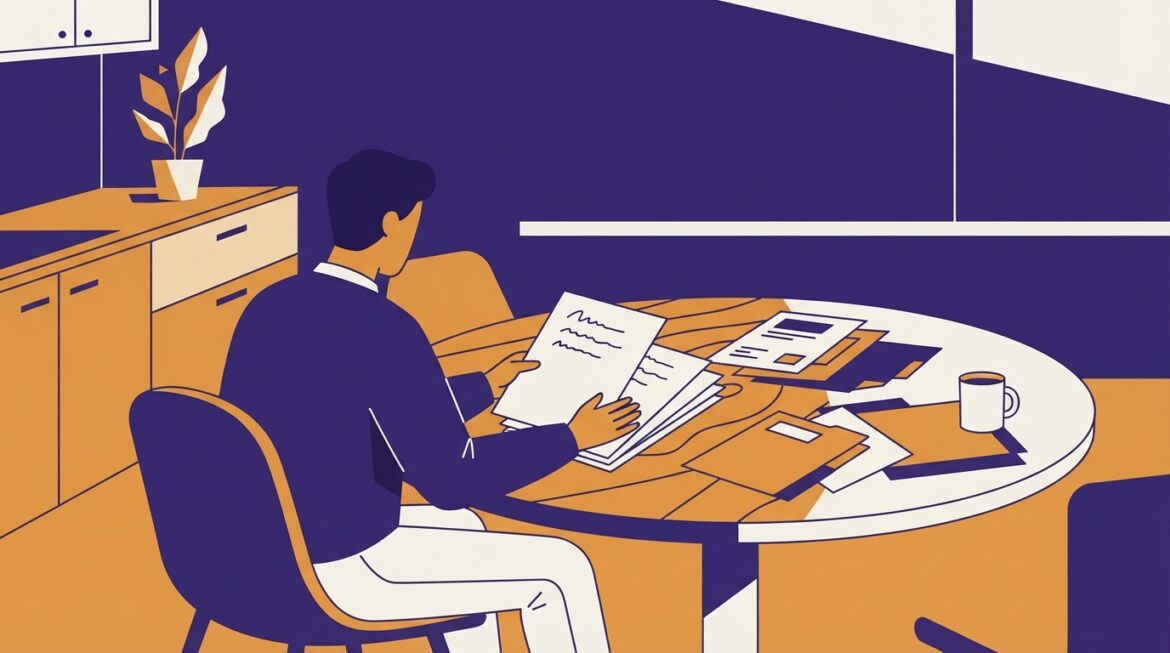 A person reviewing a medical records fee waiver request letter at a kitchen table with hospital paperwork nearby
