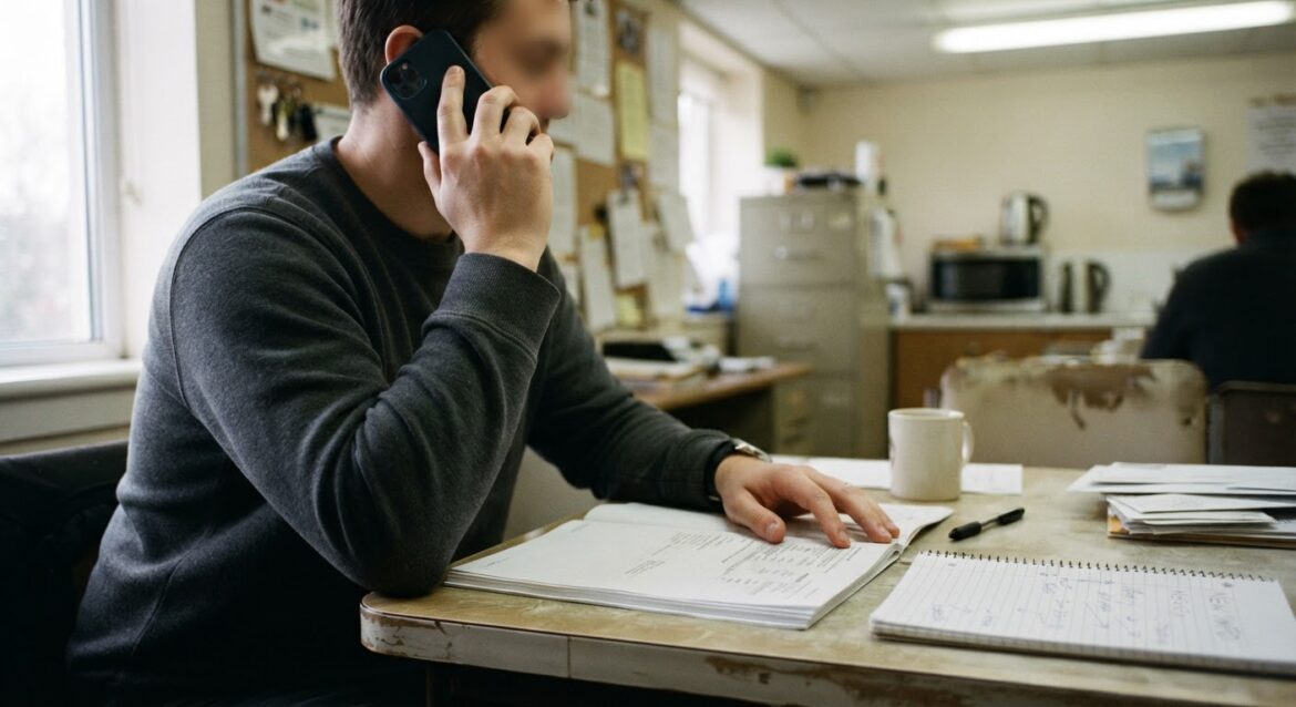 A person on the phone reviewing a document next to a notepad with new information written down