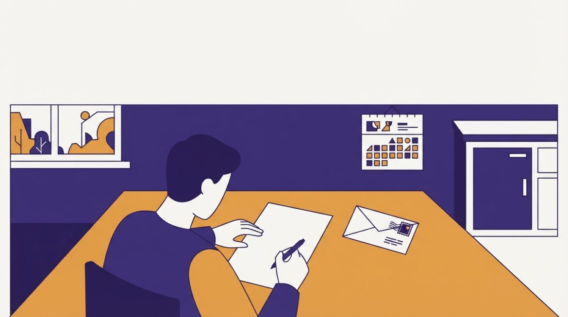 a person writing a formal letter at a kitchen table with a calendar and stamped envelope nearby