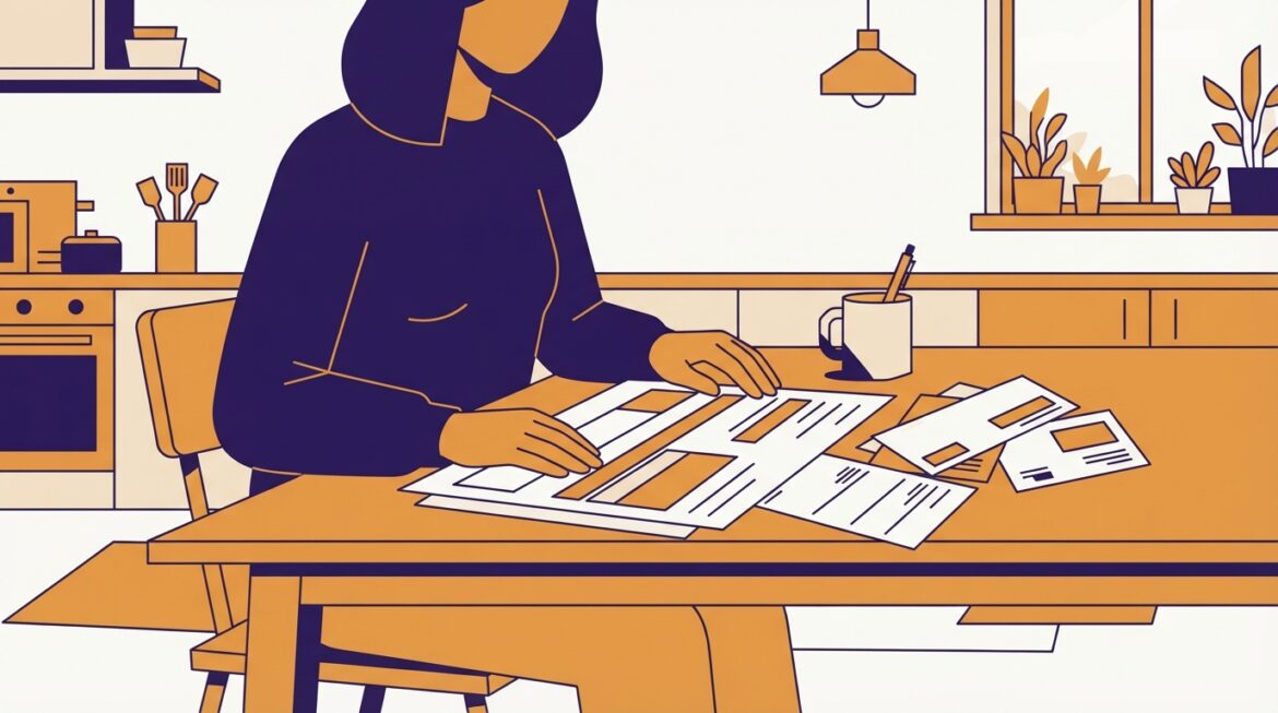 A person reviewing a financial hardship waiver request form at a kitchen table with bills nearby