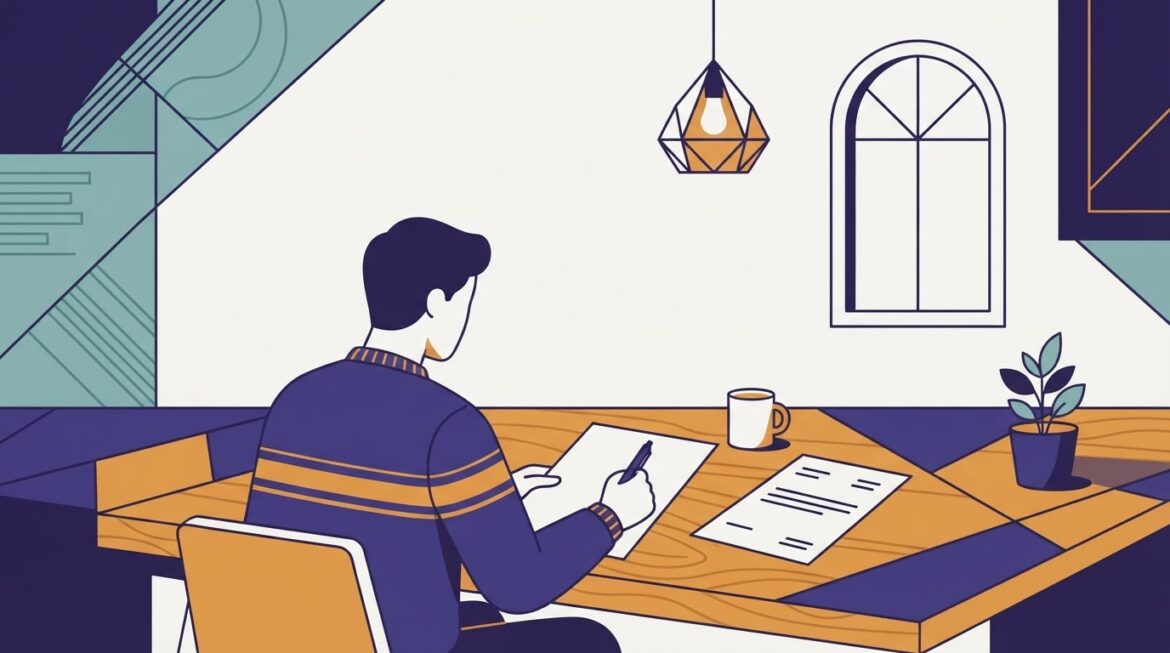 A person filling out a formal waiver request letter at a kitchen table with a benefits notice nearby
