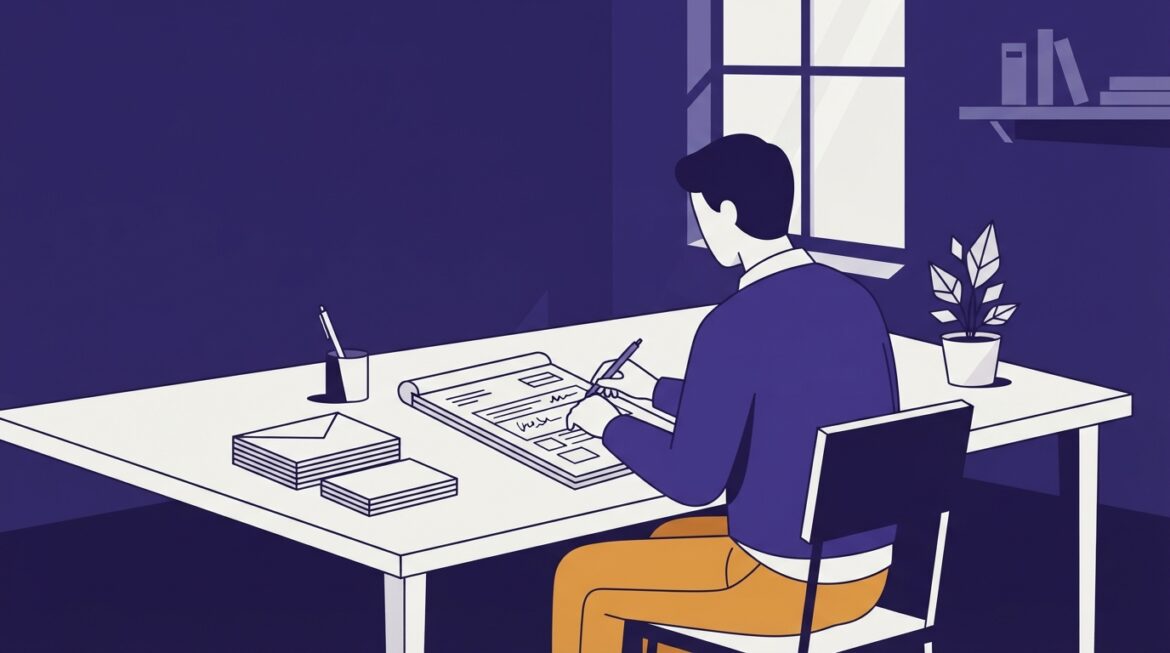 A person writing a mailing address on a form at a table with a stack of envelopes nearby