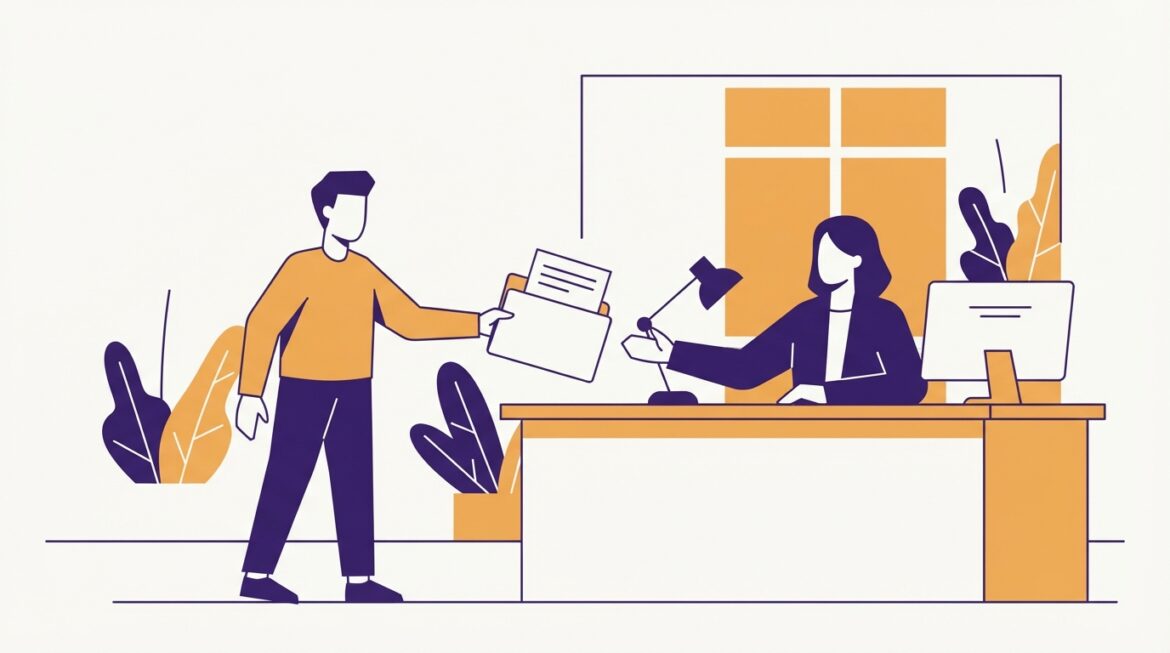 a person handing a folder of papers across a desk to a supervisor