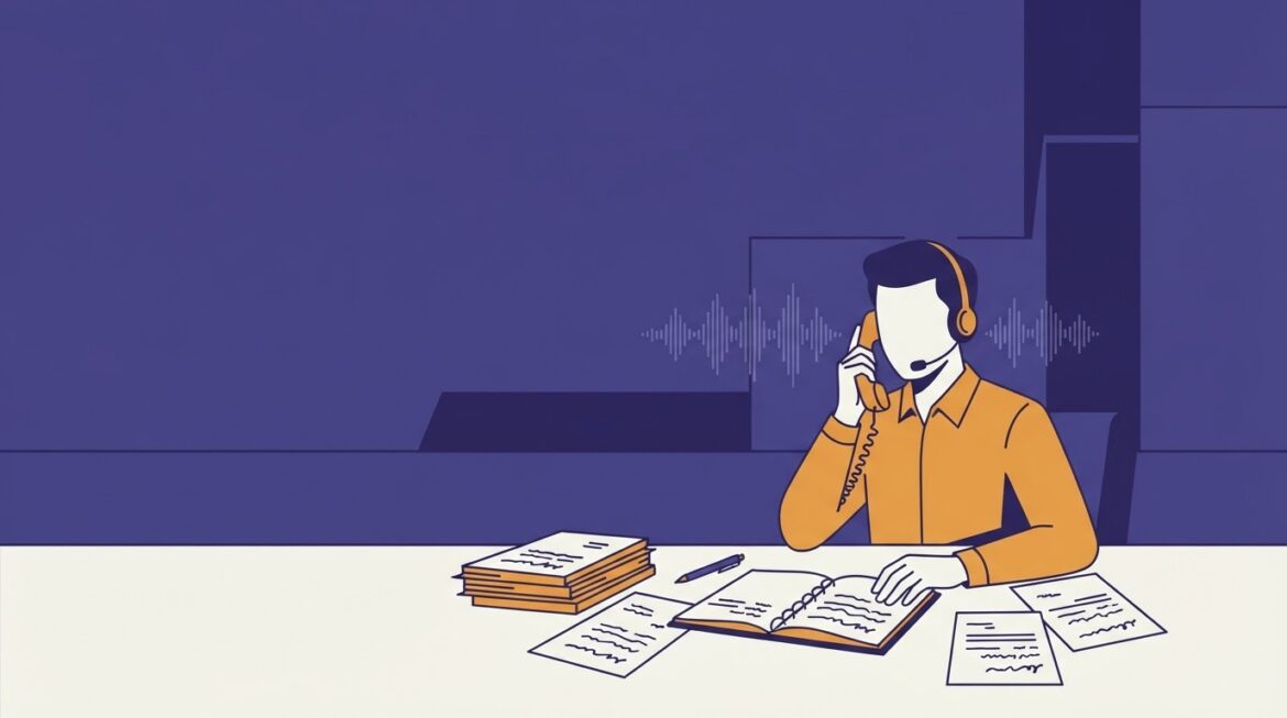 A person speaking with an interpreter over a phone headset while reviewing hearing documents at a table