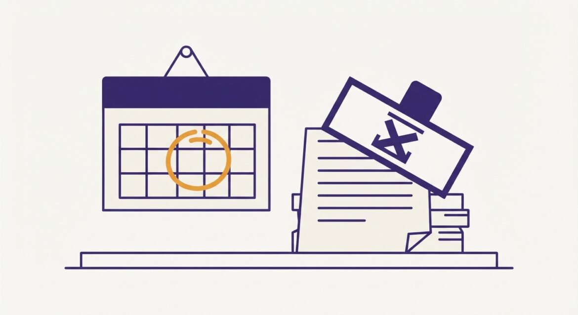 A calendar with a submission date circled and an overdue stamp on a stack of application papers