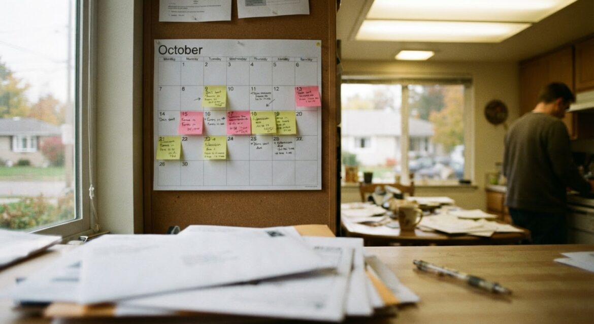a calendar with dated sticky notes marking submitted documents