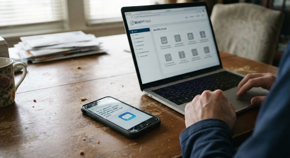 A smartphone showing a text message notification next to a laptop with a benefits portal open