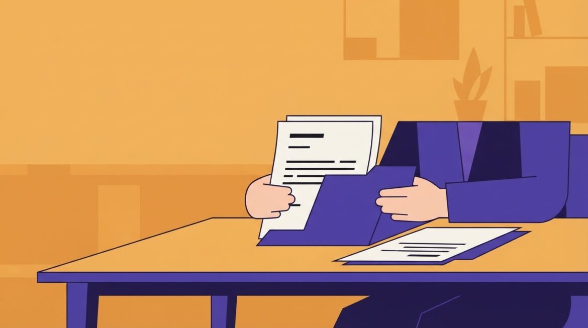A person holding release paperwork alongside a benefits application folder at a table