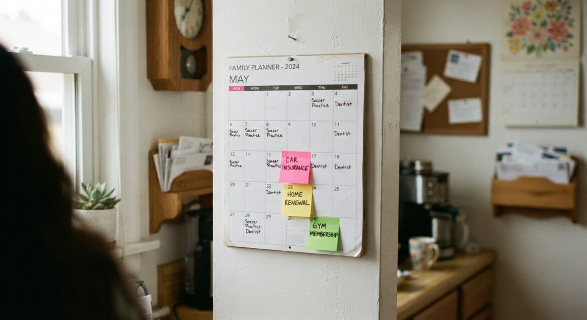A wall calendar with three different colored sticky notes marking separate renewal dates