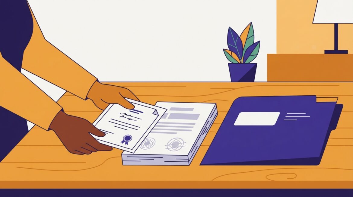 A person placing a marriage certificate and court order next to a benefits application folder