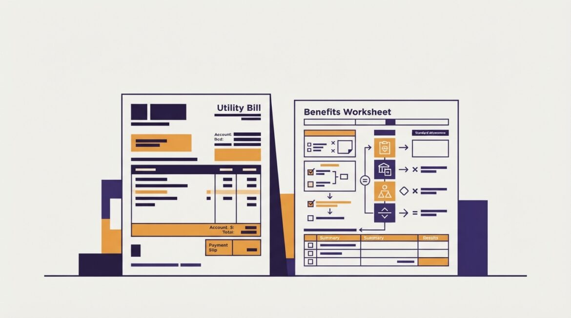 A utility bill next to a benefits worksheet showing a standard allowance calculation