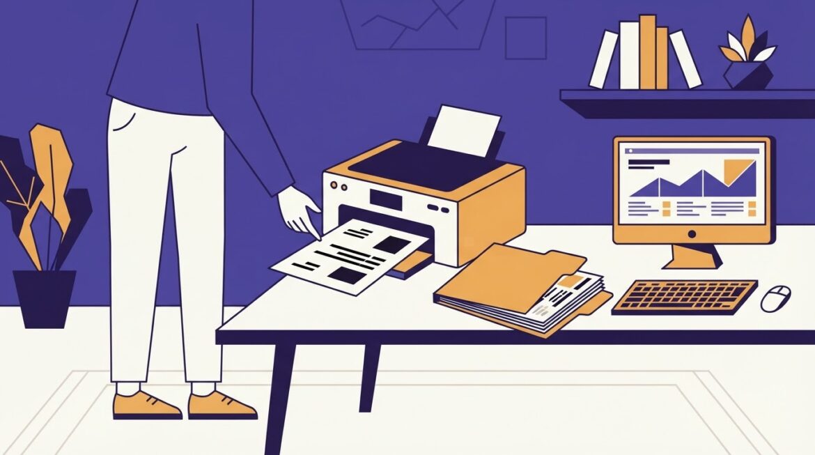 A person printing a cryptocurrency exchange account statement next to a folder of benefits paperwork