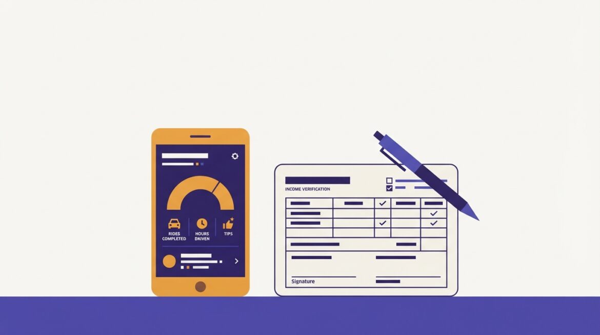 A smartphone showing a rideshare driver earnings summary screen next to a printed income verification form