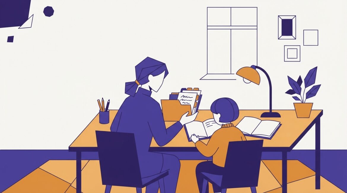 A parent and child at a home desk with workbooks and a folder of registration papers