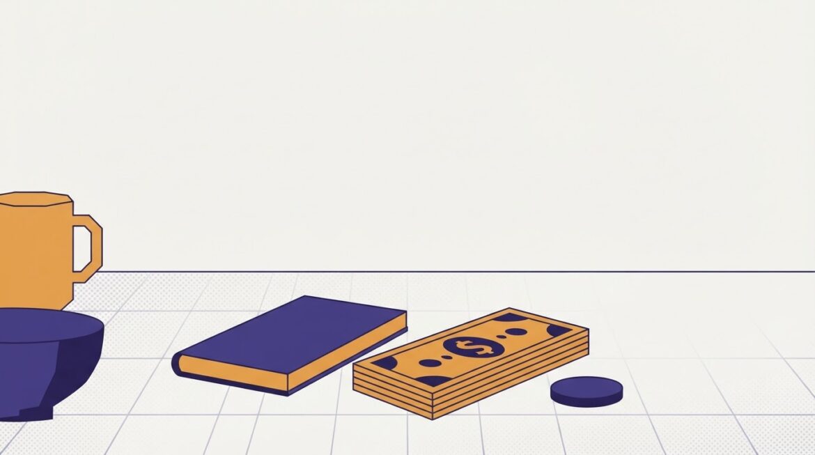 A small handwritten rent receipt book and cash on a kitchen table