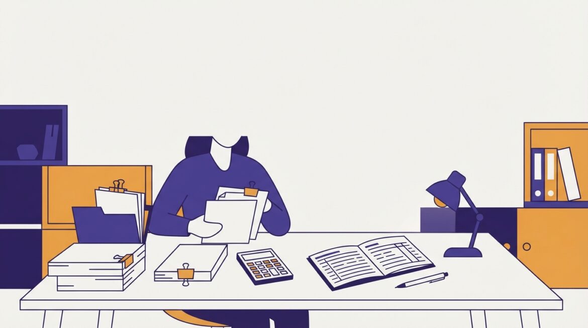 A person organizing trust and settlement paperwork with a calculator and payment log at a table