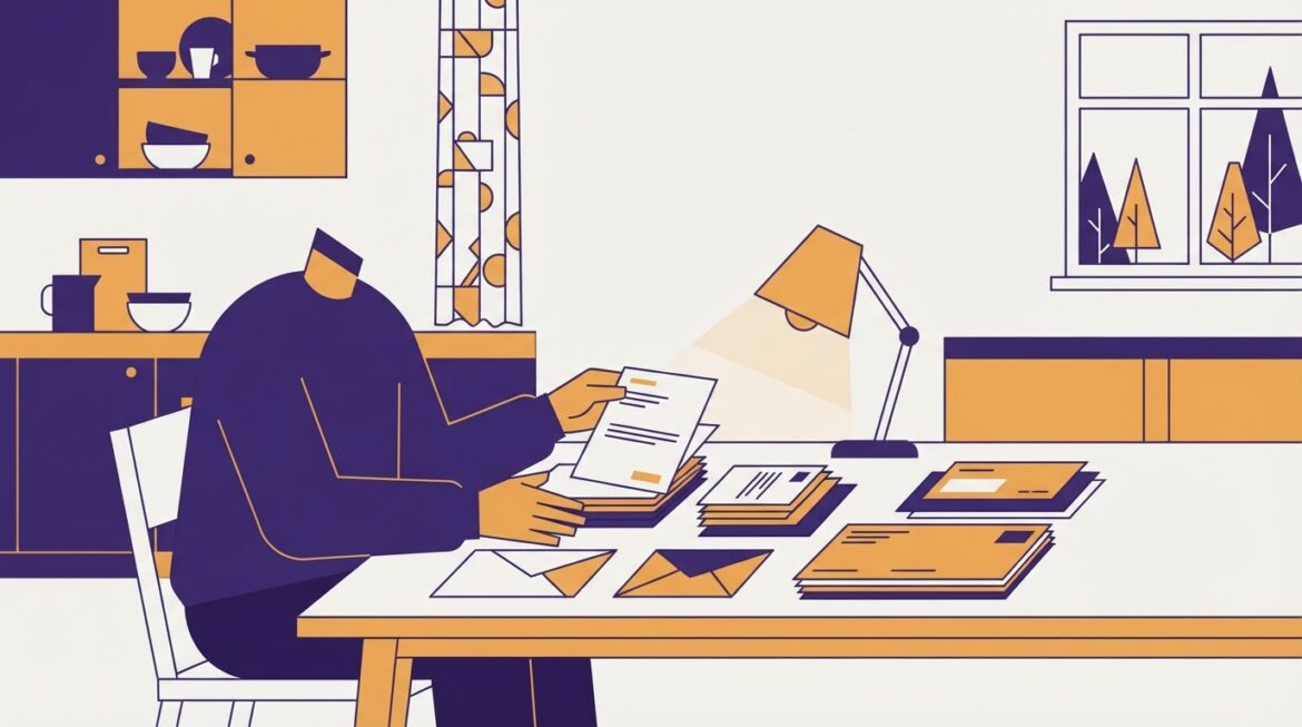 A person organizing benefit award letters and housing voucher documents at a kitchen table