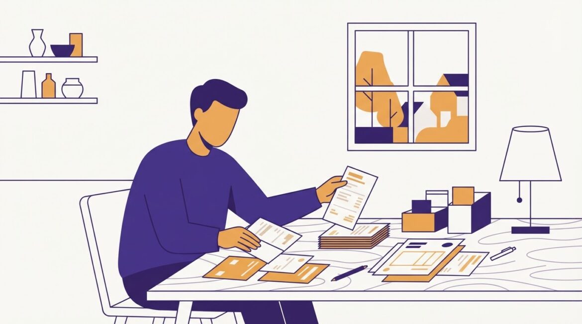 A person sorting pharmacy receipts and medical bills at a kitchen table