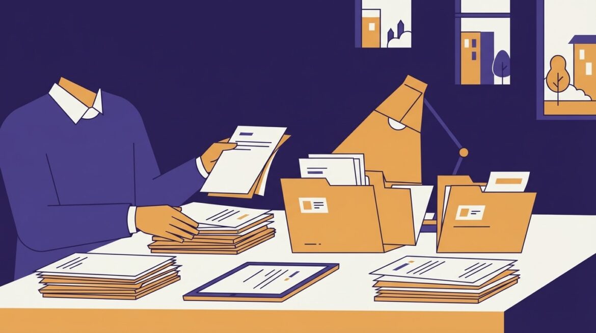 A person organizing unemployment and workers' compensation award letters and payment statements at a table.