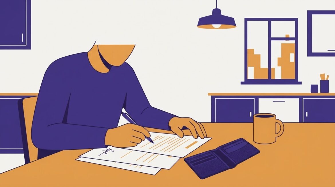 A person filling out a signed self-declaration form at a kitchen table with an empty wallet nearby